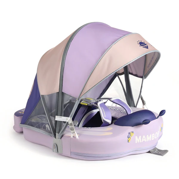 Mambobaby Non-Inflatable Baby Swim Float with Detachable Canopy, UPF 50+ Sun Protection, 5-Point Safety System, for Babies 3-24 Months