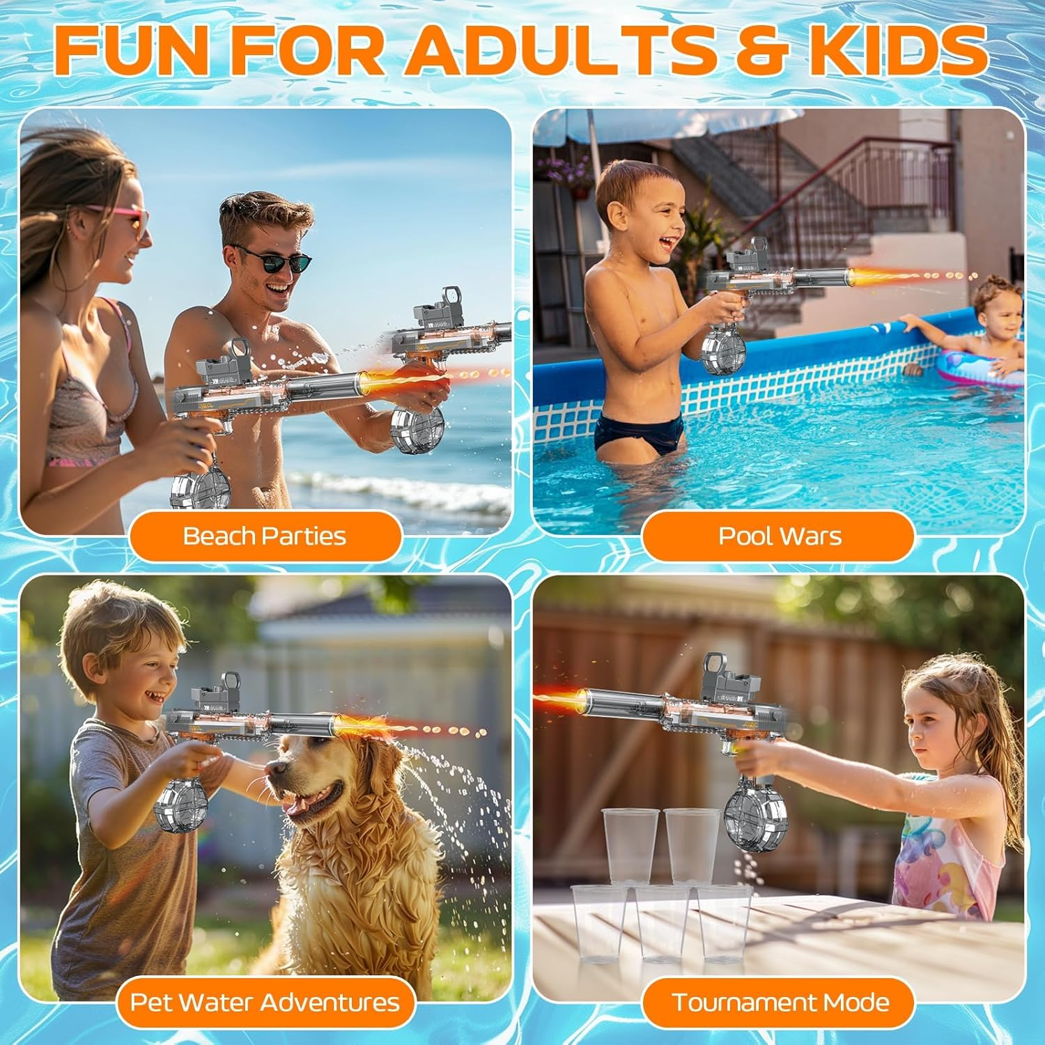 Electric Water Gun for Adults Kids, 2 Pack Automatic Squirt Watergun with Water Spray Sound and Led Lights, Summer Outdoor Water Pistol Pool Beach Party Toys for Boys Girls Transparent Black and Blue