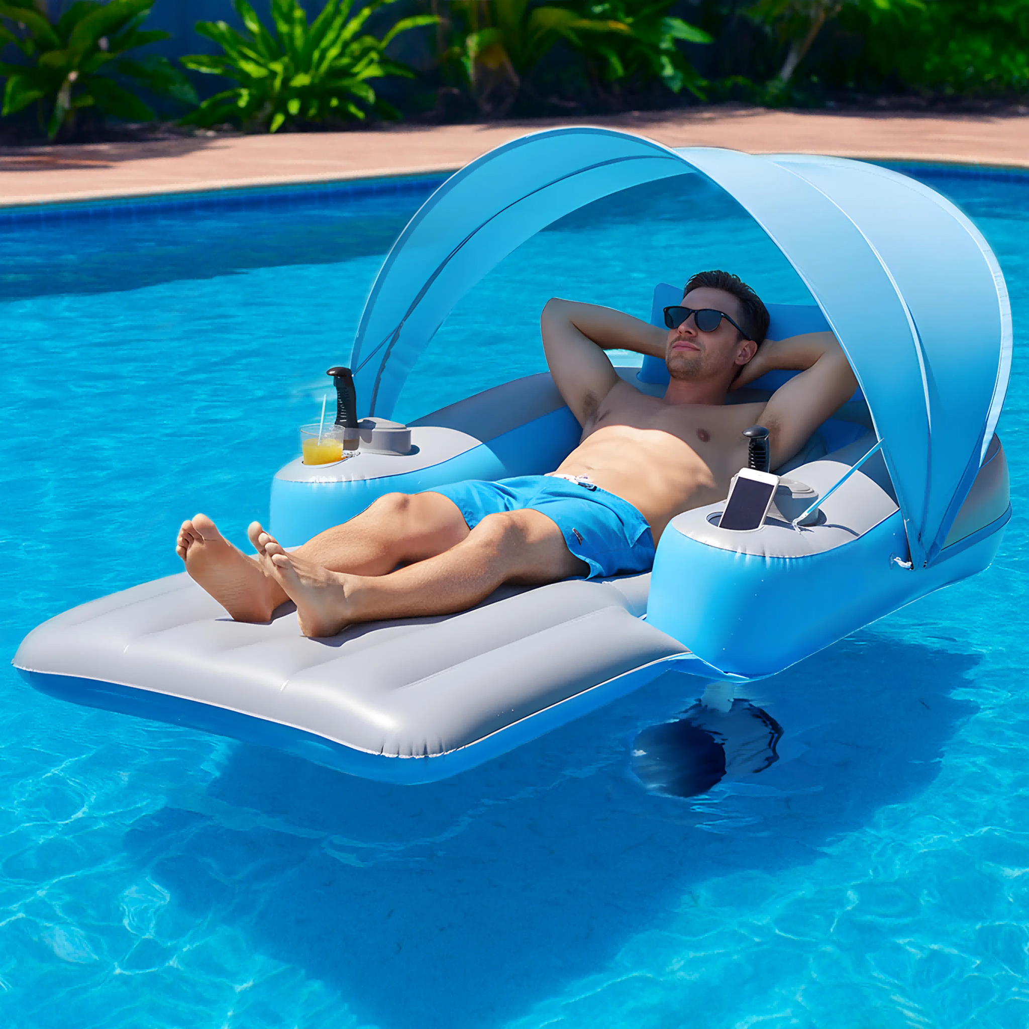 Motorized Pool Float with Canopy, Rechargeable Motorized Floats with Cup Holder – Dual Motor Heavy Duty Electric Lounger Raft for Adults, Pool, Lake & Party，inflatable pool raft