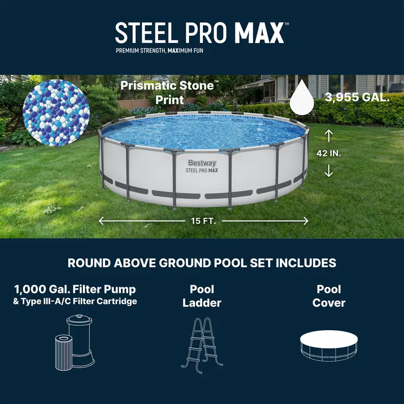 Bestway Steel Pro MAX Round Above Ground Pool Set, Gray (15 Ft | 14 Ft | 13 Ft | Size Options) Complete Set with Filter Pump, Ladder and Cover Fun Gift